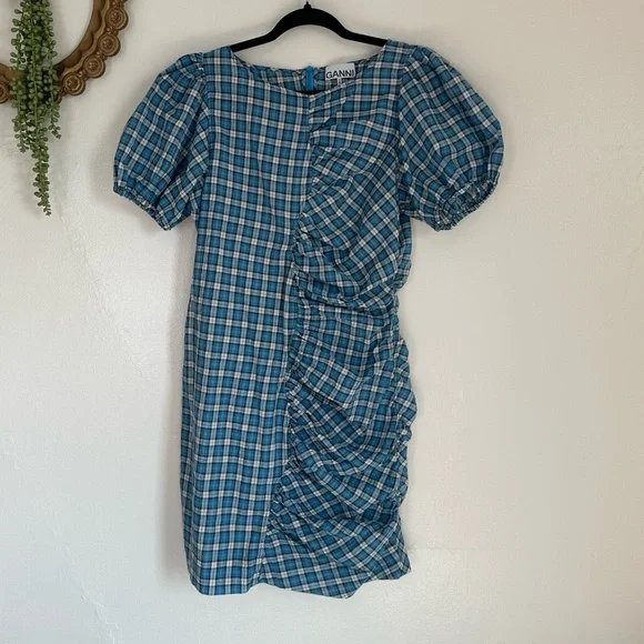 Ganni Check Ruched Seersucker Minidress in Check Azure Blue, - Picture 1 of 11